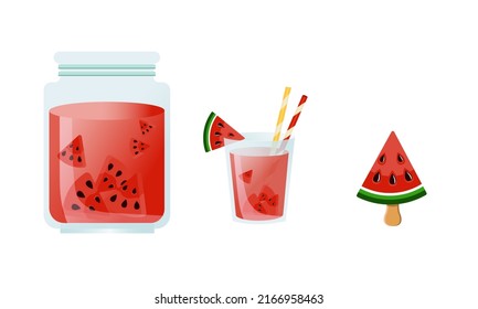 Watermelon and juicy slices vector set, watermelon ice cream. Fresh and juicy fruit concept of summer food isolated on white background.