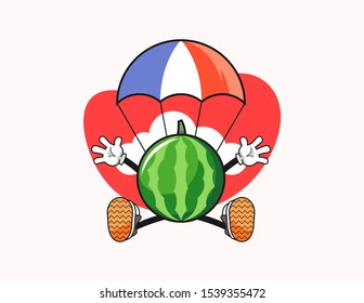 Watermelon jumping parachute cartoon. Mascot Character vector.