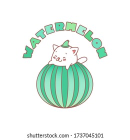 Watermelon. Kawaii illustration of a little white kitten sitting in a watermelon. Vector 8 EPS.
