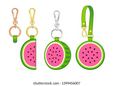 watermelon key chain/ bag charm, Pink watermelon tag with detachable strap, vector illustration sketch template