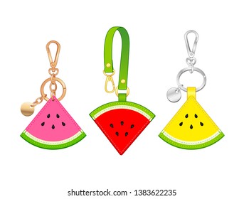 Wassermelone Schlüsselketten/ Taschencharakter Set, Wassermelontag mit Band in Scheiben, Skizze für Vektorillustration