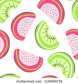 Watermelon and kiwi exotic fruits seamless pattern. Fresh pitaya dragon fruit and kiwi, tropical fruits summer detox