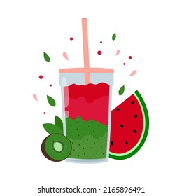 Watermelon and kiwi fruit smoothie in glass with straw. Fresh drink for healthy nutrition. Refreshing summer drink with fruit. Isolated vector illustration