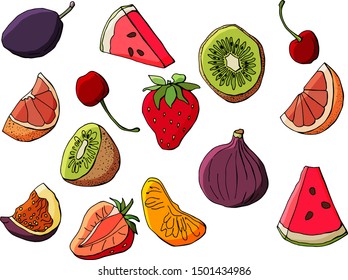 watermelon, kiwi, orange, plum, cherry, figs, strawberries, grapefruit