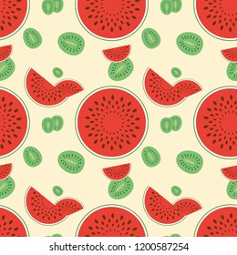 Watermelon and kiwi pattern. Fresh fruit halves pattern