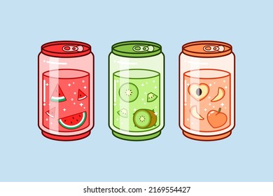 Watermelon, Kiwi, And Peach Soda Can Crystal Glass Drawing Illustration Vector