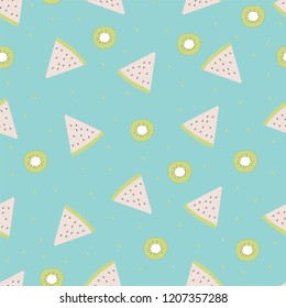 Watermelon and kiwi seamless pattern. Hand draw vector illustrations. Seamless turquoise background.