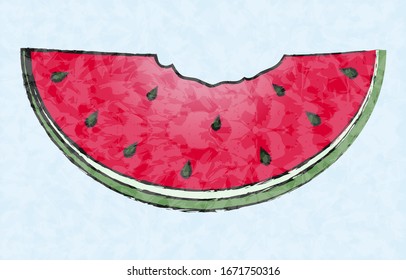 Watermelon: Large cut size, eating a bite, transparent watercolor style