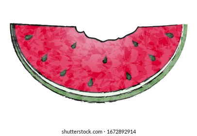 Watermelon: Large cut size, eating a bite, transparent watercolor style