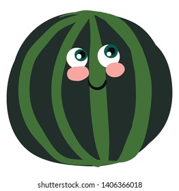Watermelon is a large oval shaped juicy fruit with dark green skin and is red with black seeds inside. It is a tropical fruit. , vector, color drawing or illustration. 