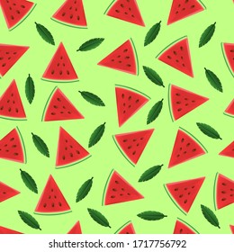 watermelon and leaf seamless patern on green background