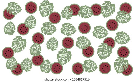 Watermelon and leaf summer background. Red and green color background. Hello summer. Can use for fabric. Vector Ilustration.