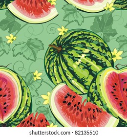 Watermelon with leaves on a green background. Abstract Elegance seamless food pattern, vector illustration