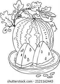 Watermelon with leaves on a platter.Doodles ,vector,black and white illustration,coloring book for adults and children.