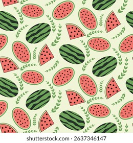 watermelon and leaves repeated pattern design, vector fruits seamless pattern background