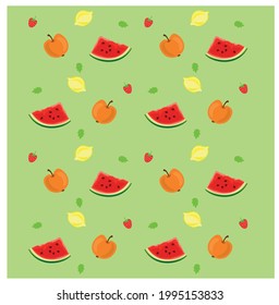 Watermelon lemon mint strawberry apple seamless vector pattern, green background, flat vector style. Fruit pattern on a solid background, fruit