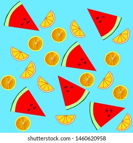 
watermelon, lemon ,orange slices on a blue background