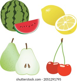 watermelon, lemon, pear and cherry clip art