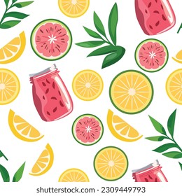 Watermelon and lemon slices on a white  vector seamless background. A bunch of slices of watermelon and lemon on a white background