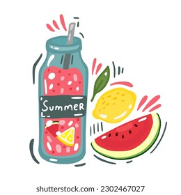 Watermelon lemonade in a glass bottle. Vector illustration, poster