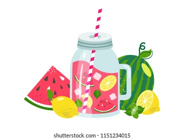 Watermelon lemonade in glass jar with slice lemon, ice ,mint, watermelon, straw. Fresh summer fruit drink. Sweet and natural juice. Healthy homemade lemonade,  detox, smoothie. Vector illustration