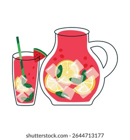 Limonada de melancia em vidro com fatia de limão, gelo, hortelã, melancia. Bebida fresca de frutas de verão. Suco doce e natural. limonada caseira saudável, desintoxicação, smoothie. Ilustração vetorial