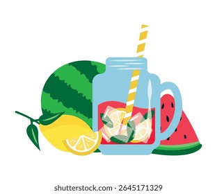 Limonada de melancia. Ilustração vetorial de melancia inteira, limão, fatias de melancia, fatias de limão, limonada de verão refrescante com hortelã e gelo