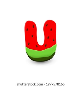Watermelon letter U, 3d vector icon over white background