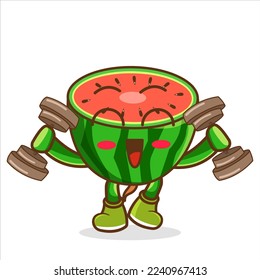 watermelon lifting dumbbell vector. cartoon character