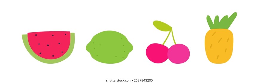 Watermelon, lime, cherry, pineapple. Set of colorful fruits. Isolated icons. Hand drawn design. Illustrations on white background.