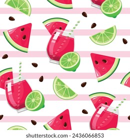 Watermelon lime fresh juice cocktail seamless pattern vitamin summer fruit wallpaper vector isometric illustration. Refreshment tropical food slice and drink beverage vegetarian healthy meal print