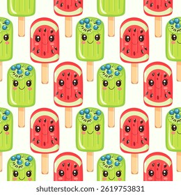 Watermelon and Lime Popsicle Cartoon Seamless Pattern. Kawaii Watermelon and Lime Ice Cream Pattern