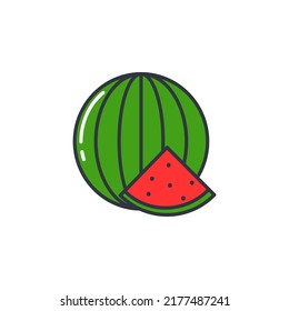 Watermelon line color icon isolated object. Berry whole and part. Red juicy fruit vector illustration