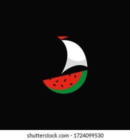 Watermelon logo design concept in the form of a ship. Trendy vector logo design with watermelon. Vector illustration of organic product, line work design. Minimalistic watermelon logo.