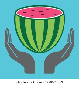 Watermelon logo in hands, green, background, sign, symbol, object, design, vector, illustration, icon.