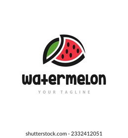 watermelon logo with natural leaf, isolated white background, simple flat design template vector illustration