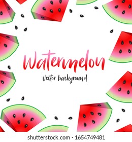 Watermelon logo. Poster, print, template, card, icon of fresh ripe Watermelon. Slice of melon and lettering typography design. Black background. Vector illustration.