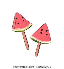 Watermelon lollipop or ice cream. Vector illustration in doodle and sketch style. Hand drawn illustration for printing on T-shirts, postcards.