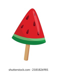 Watermelon lollipop icon. Symbol of summer and spring seasons. Unhealthy and junk but tasty sweet food. Sticker for social networks and website. Gift for children. Cartoon flat vector illustration