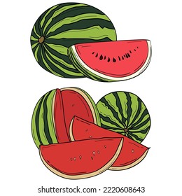 Wassermelone sieht frisch aus. Besteht aus aufgeteilten und noch intakten Wassermelonen