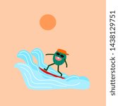 Watermelon man ride a surfboard on the sea wave. Summer and vacation concept. Vector illustration flat style.