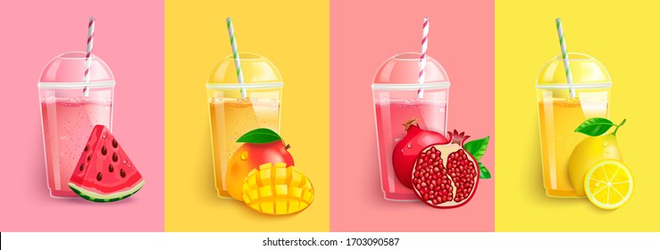 Watermelon, mango, pomegranate,lemon smoothie set.Juice to go with fresh fruits.Summer background for banner,poster,brand,template and label,packaging,packing,emblem and advertise.Vector illustration.