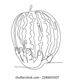 Watermelon in a man's hand Continuous line drawing on a white isolated vector fashion illustration