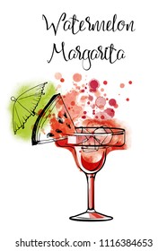 Watermelon Margarita.Watercolor vector cocktail