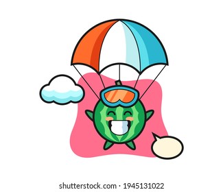 Watermelon mascot cartoon is skydiving with happy gesture