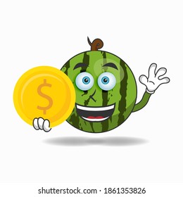 Watermelon mascot character holding coins. vector illustration