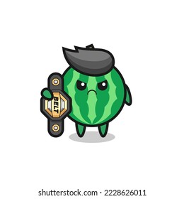 watermelon mascot character as a MMA fighter with the champion belt , cute style design for t shirt, sticker, logo element