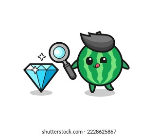 mascota de sandía está revisando la autenticidad de un diamante , diseño de estilo lindo para camiseta, pegatina, elemento logo