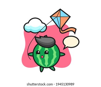 Watermelon mascot illustration is playing kite