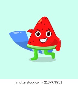 Watermelon mascot with surfing board